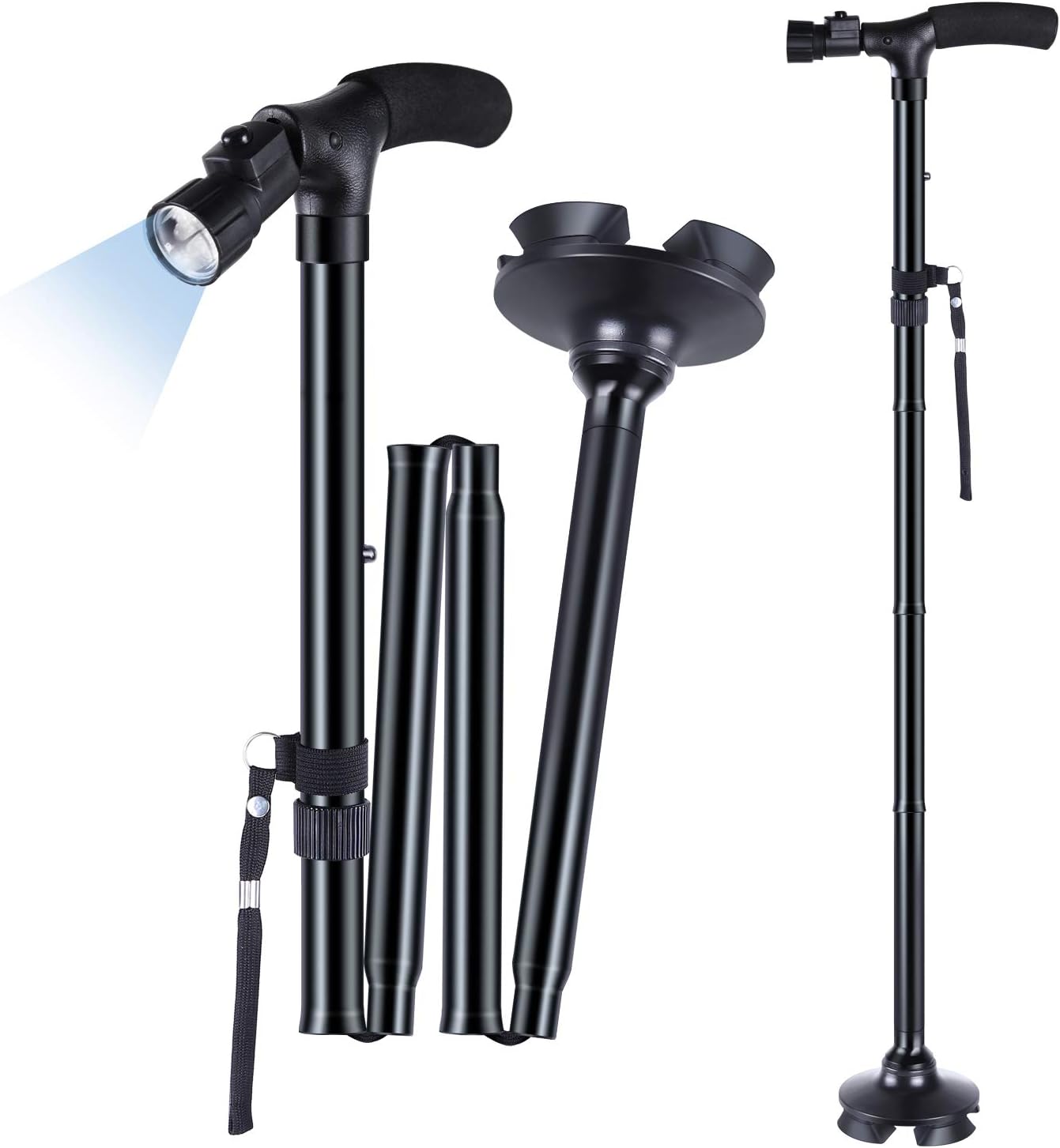 Walking Cane for Men Women: Walking Canes with LED Light Folding Walking Stick Adjustable Free Standing Canes with Wrist Strap Travel Bag for niors Adults