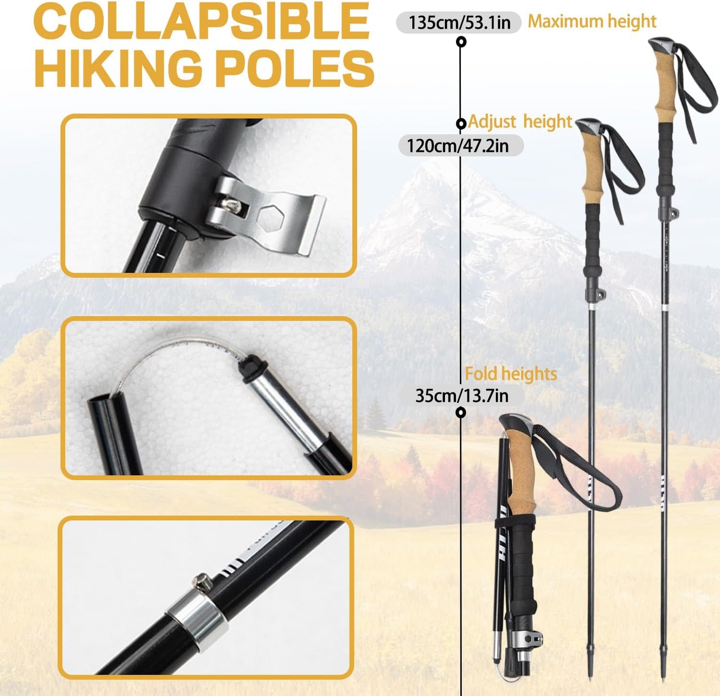 Collapsible Hiking Poles 2pc,Adjustable, Lightweight Trekking Poles 7075 Aluminium Alloy,Metal Flip Locks&Eva Foam Grips for Men Women